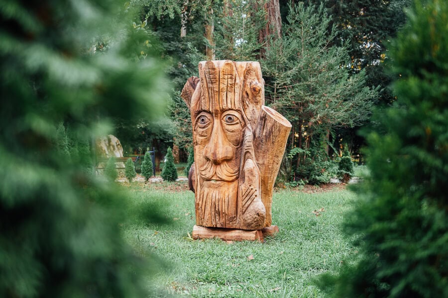 A wood carving depicting a man's face inside the Zugdidi Botanical Garden in Georgia.