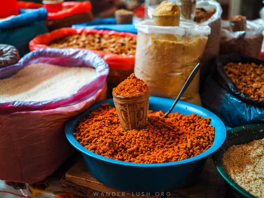 Vibrant spices for sale at the market in Zugdidi.