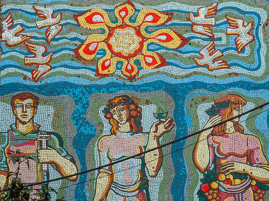 A vibrant Soviet-era mosaic in Zugdidi, Georgia.