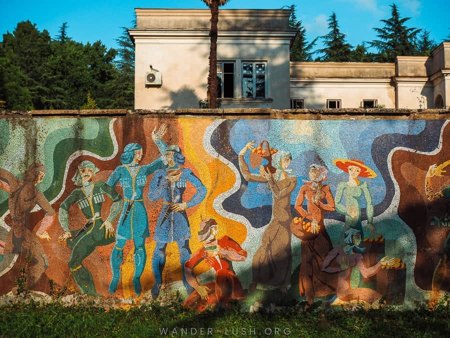 A vibrant Soviet-era mosaic decorates the front of a building in Rukhi near Zugdidi.