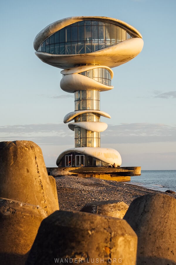 An abandoned space-age tower on the beach in Anaklia, Georgia.