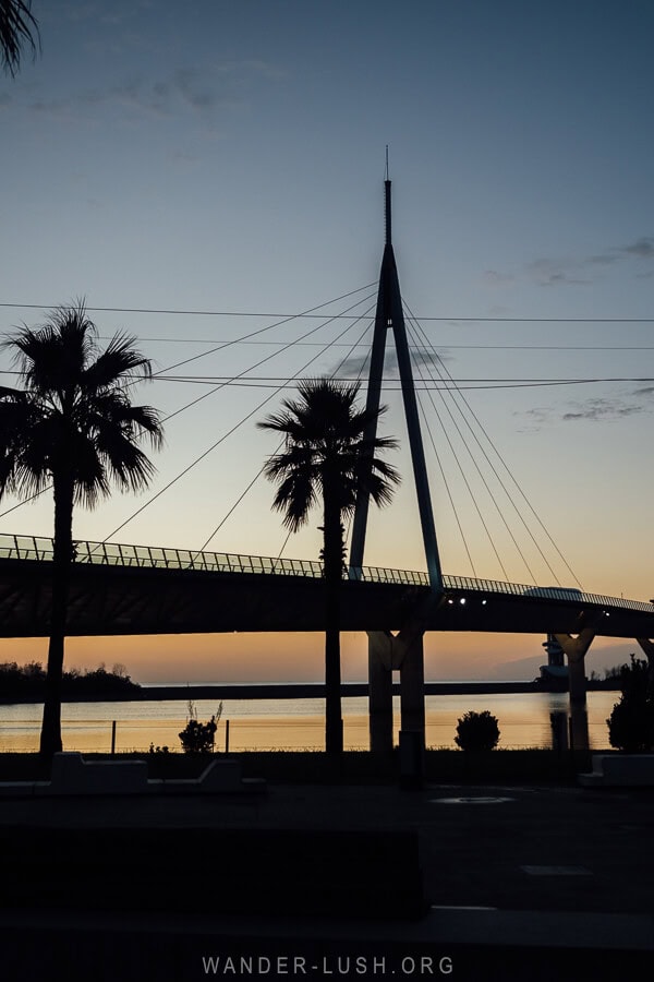 Europe's second longest pedestrian bridge at dusk in the city of Anaklia, Georgia.