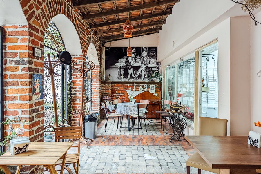 An outdoor area at Tamtini Bakery, a cute cake shop and cafe in Zugdidi, Georgia.