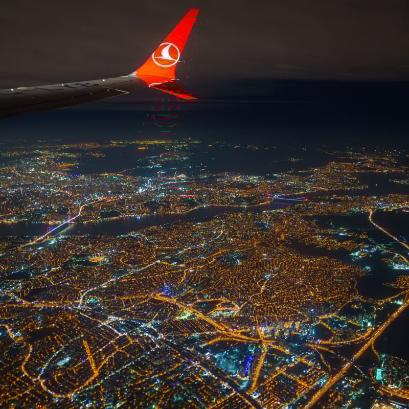 Aerial night view of Istanbul from a Turkish Airlines plane