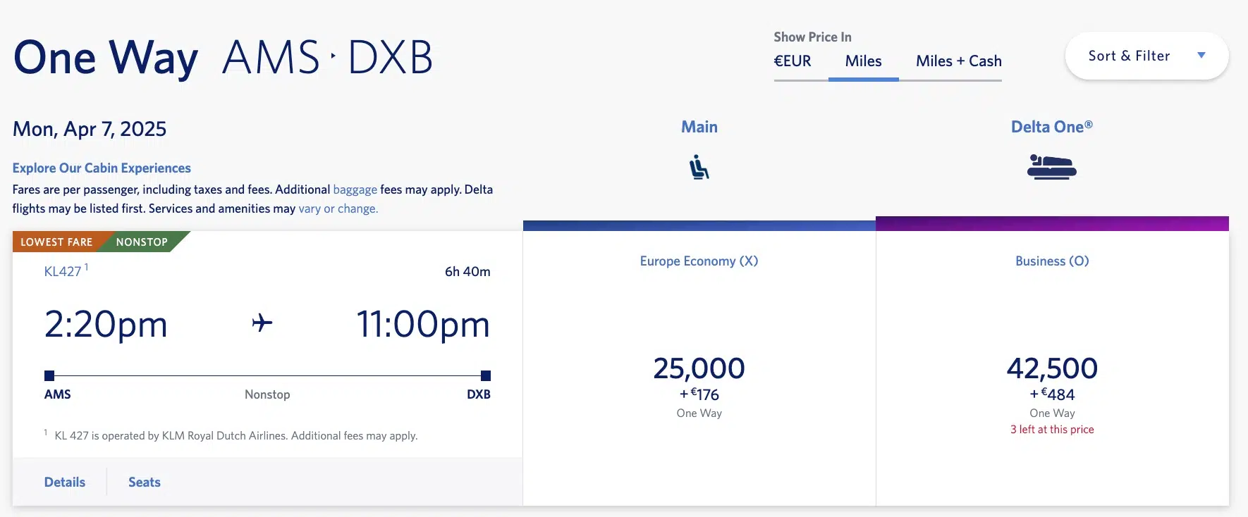 amsterdam to dubai skymiles