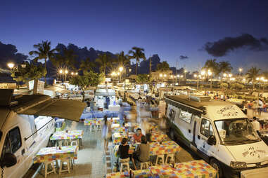 Roulotte food trucks at night in Papeete, Tahiti