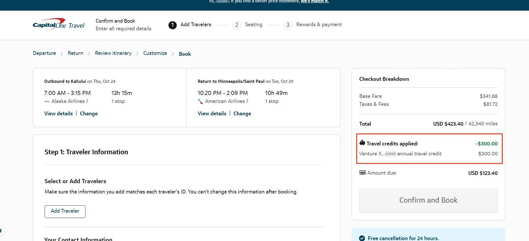 Capital One Venture X travel credit discount applied at checkout 
