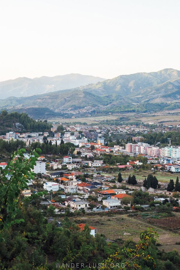 View of Permet, with its colourful apartment blocks, from the road to Leus village.