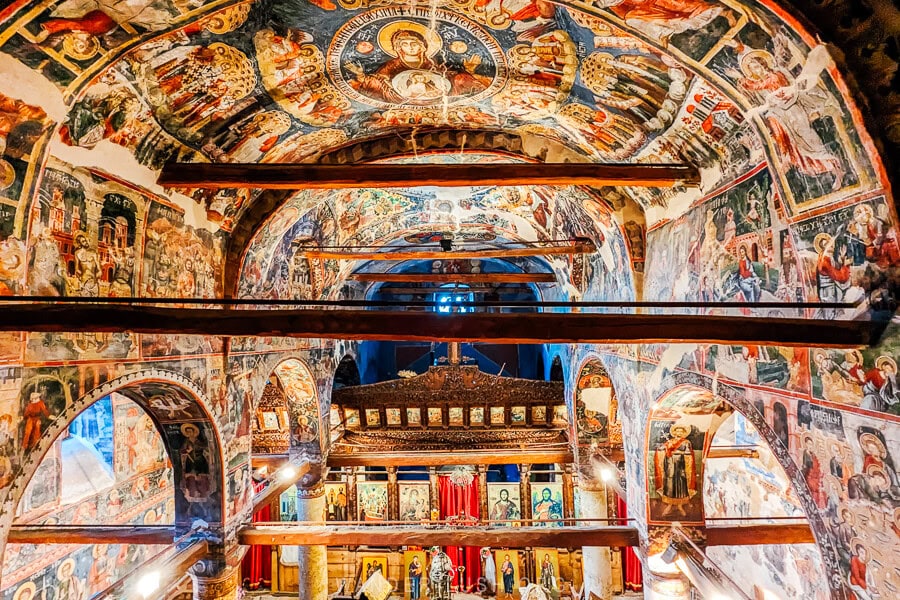 View of the dome of St Mary's of Leus, the most beautiful church in Albania, covered in vivid icon paintings.