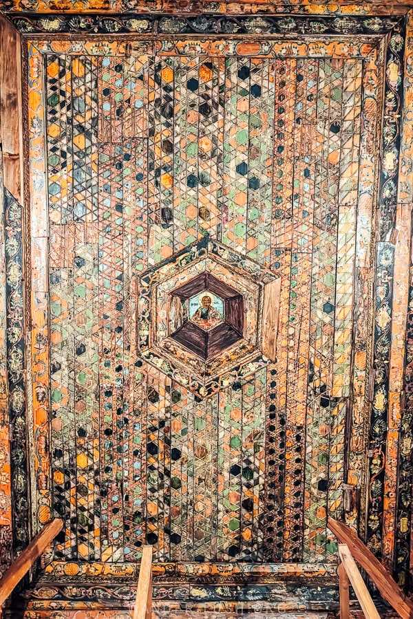 An ornate wooden ceiling inside St Mary's Church of Leus.