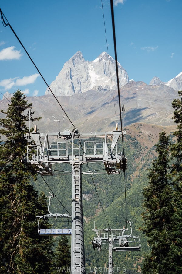 The Mestia cable car, with a view of Mount Ushba.