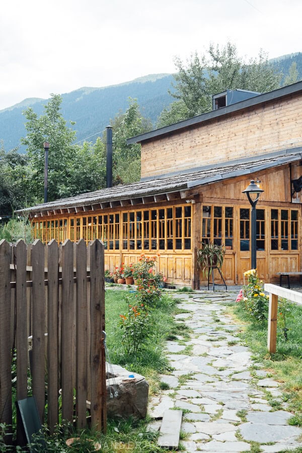 A wooden shushabandi restaurant at Hotel Lahili in Mestia.