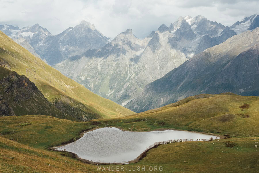 A small alpine lake in the Greater Caucasus, one of the Koruldi Lakes near Mestia.