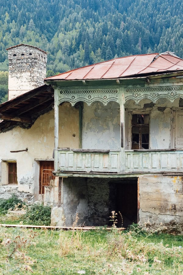 A house with a wooden balcony in Chvabiani, Svaneti.