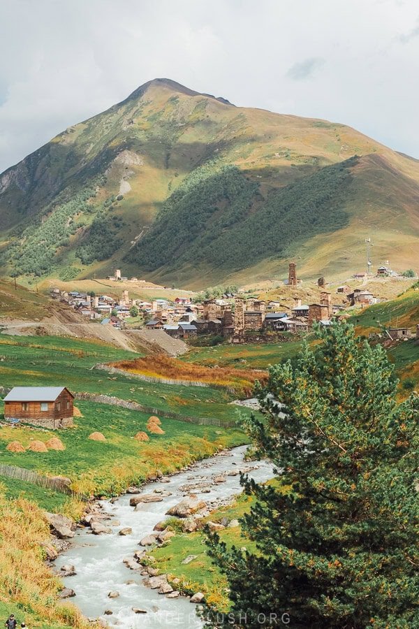 View of towers and green hills in Svaneti.