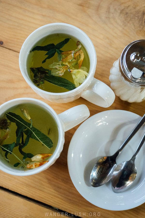 Two cups of Svan herbal tea served at a cafe in Ushguli.