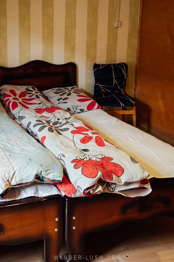 Beds inside simple guest house in Ushguli, Georgia.