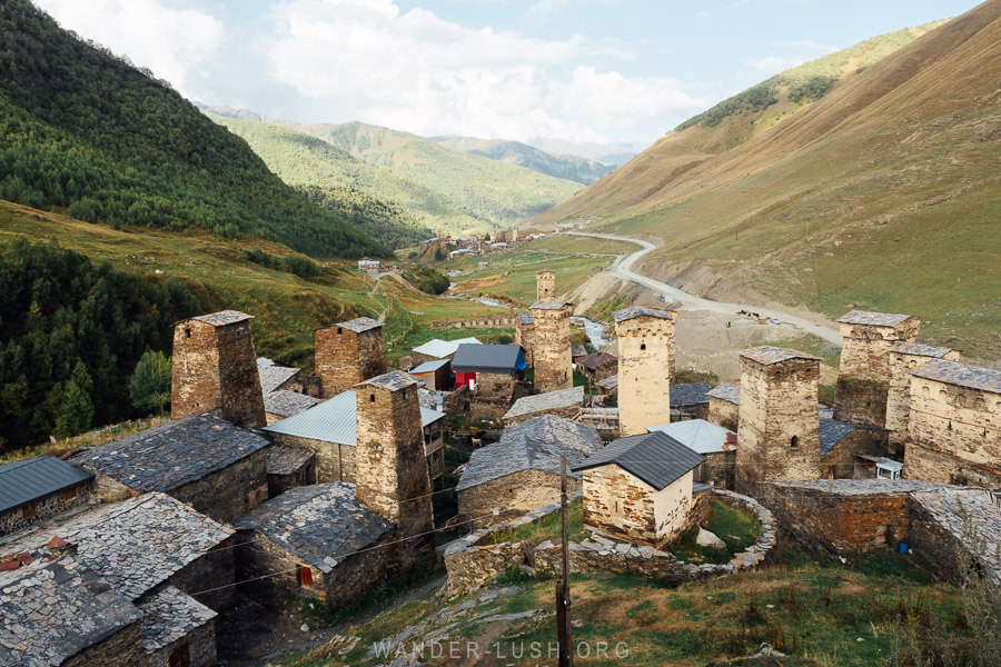 A view of the UNESCO towers and stone houses in Ushguli, Georgia.