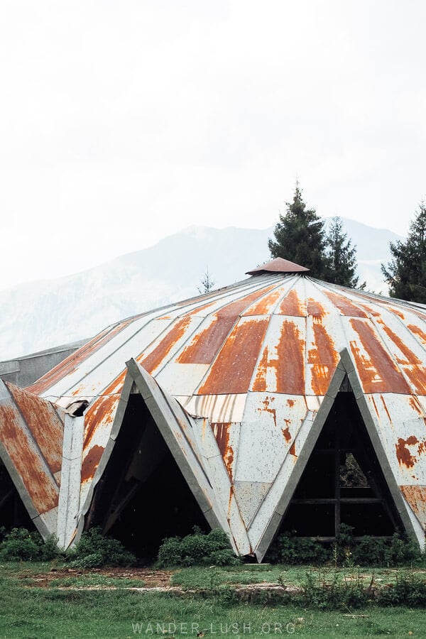 The triange-shaped roof of a former bathhouse in Muashi Resort, Sasashi, Georgia.