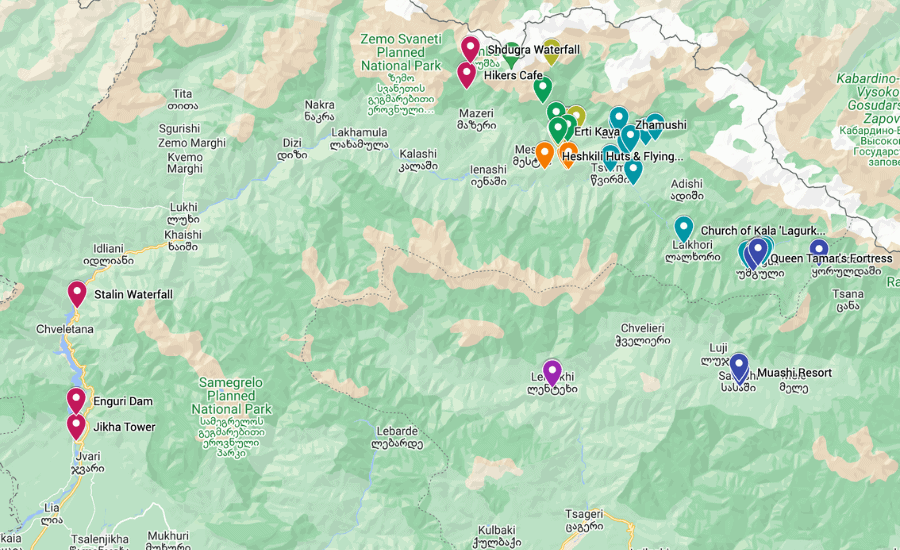 Tourist map of things to do in Svaneti, Georgia.