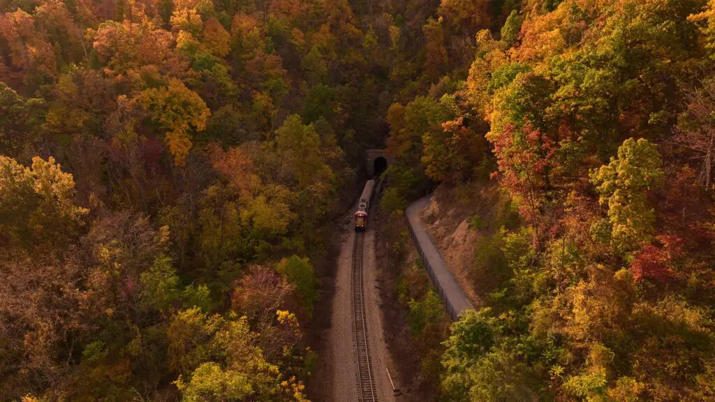 Virginia Scenic Railway 's Blue Ridge Flyer heads west through Crozet, toward the Blue Ridge Tunnel and the Shenandoah Valley.