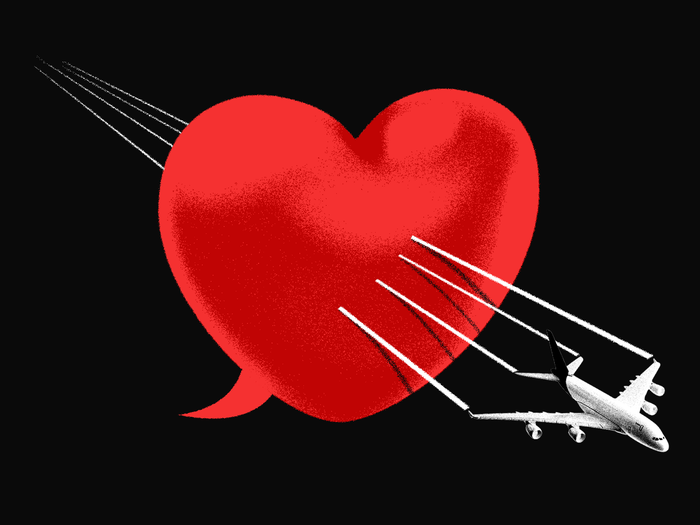 A heart shaped speech bubble being hit by a jet