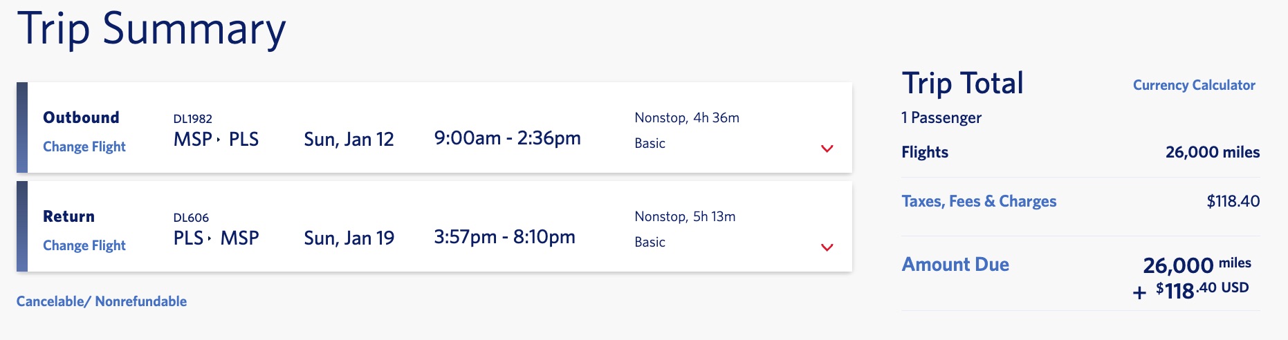 MSP PLS Delta SkyMiles booking