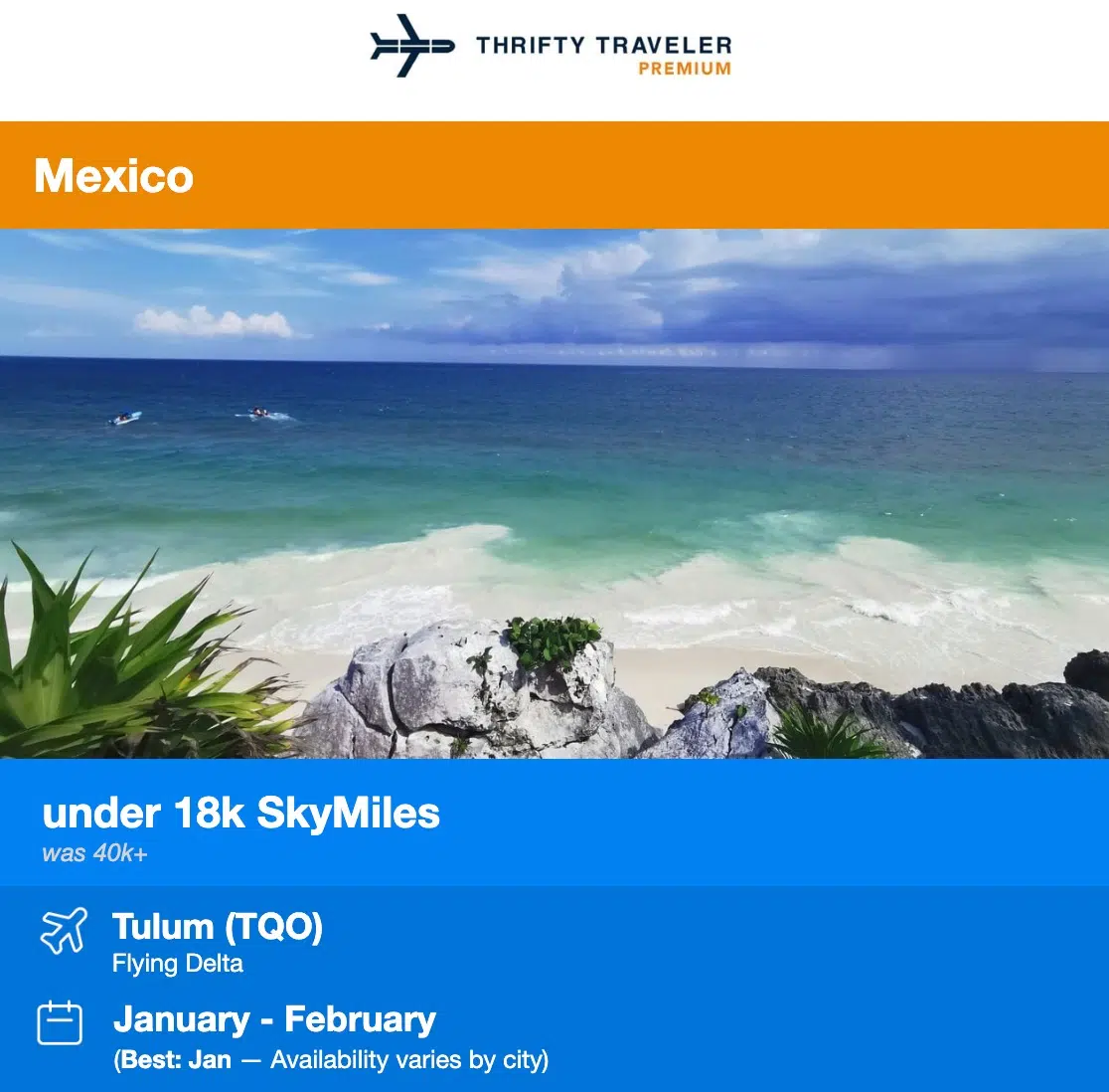 Tulum SkyMiles flash sale thrifty traveler premium