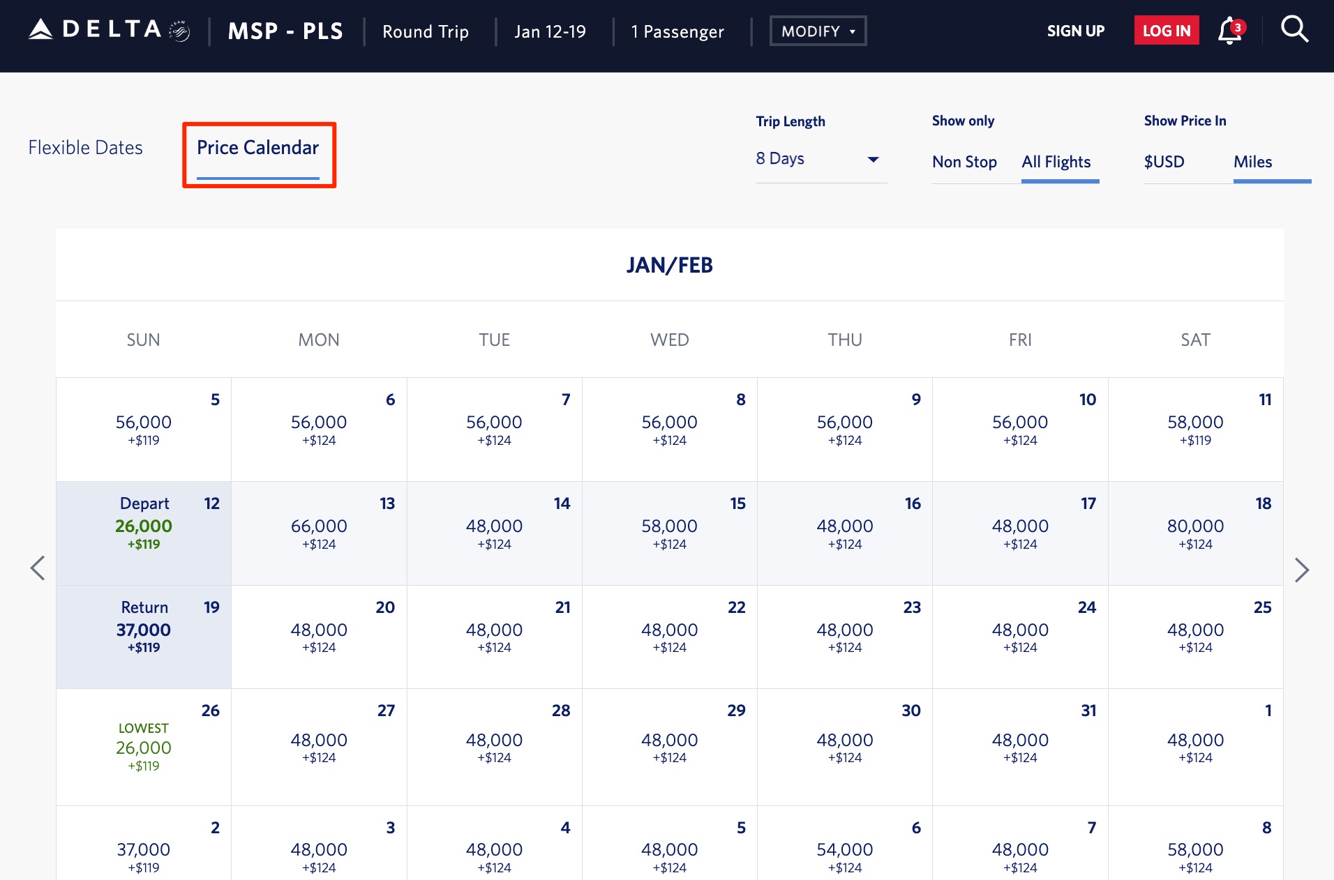 MSP PLS Delta SkyMiles price calendar