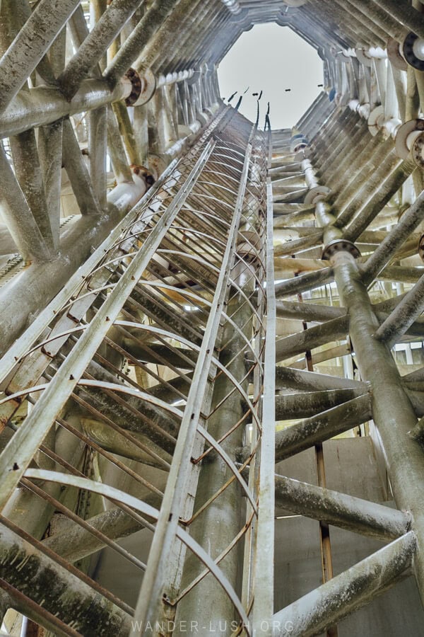 A ladder leads to the top of the the Pier Sculpture, a modern artwork on the beach in Anaklia, Georgia.