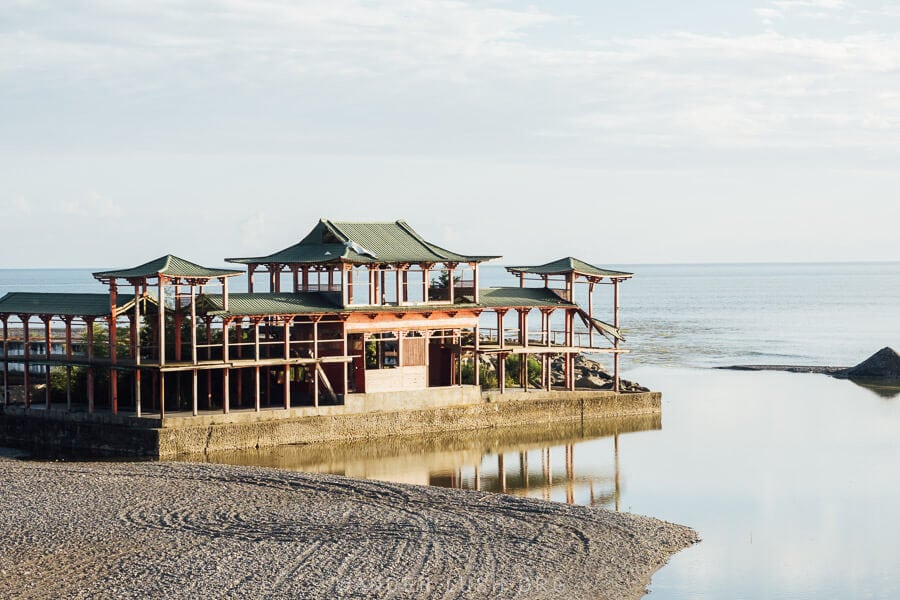 An Oriental-style pavilion on the edge of the Anaklia Yacht Club.