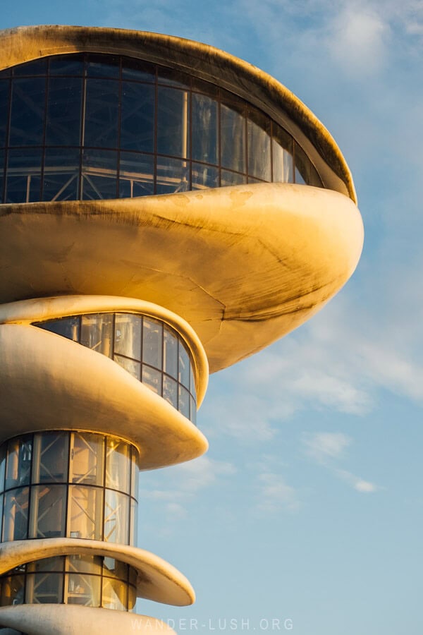 Close up of the observation deck on the Anaklia Tower, an abandoned building on the Black Sea in Anaklia, Georgia.