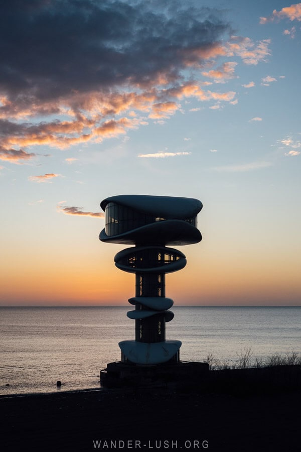 Anaklia Tower, a spacecraft-like building on the Black Sea Coast in Anaklia at night.