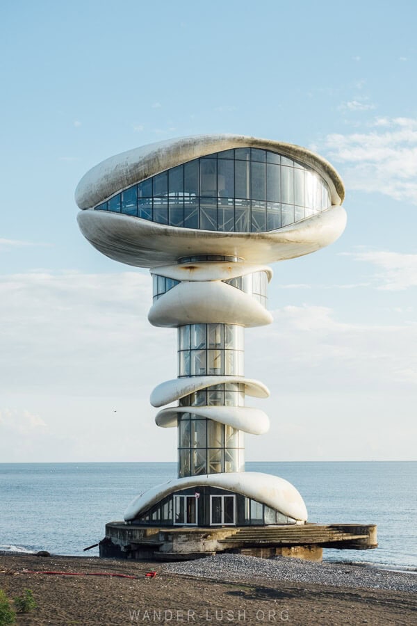 The Anaklia Tower, an abandoned futuristic building on the Black Sea in Anaklia, Georgia.