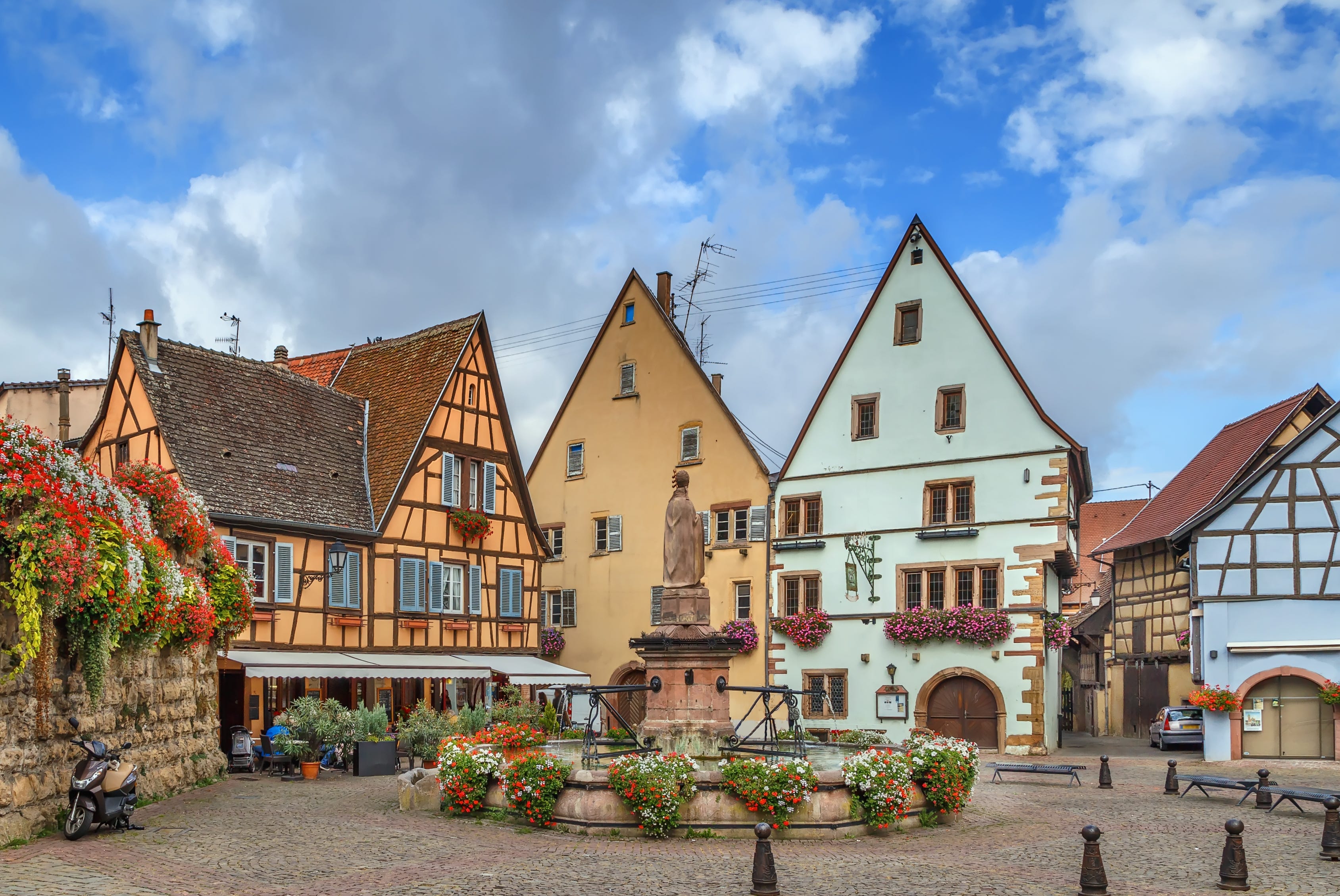 main square in eguisheim, alsace, france
