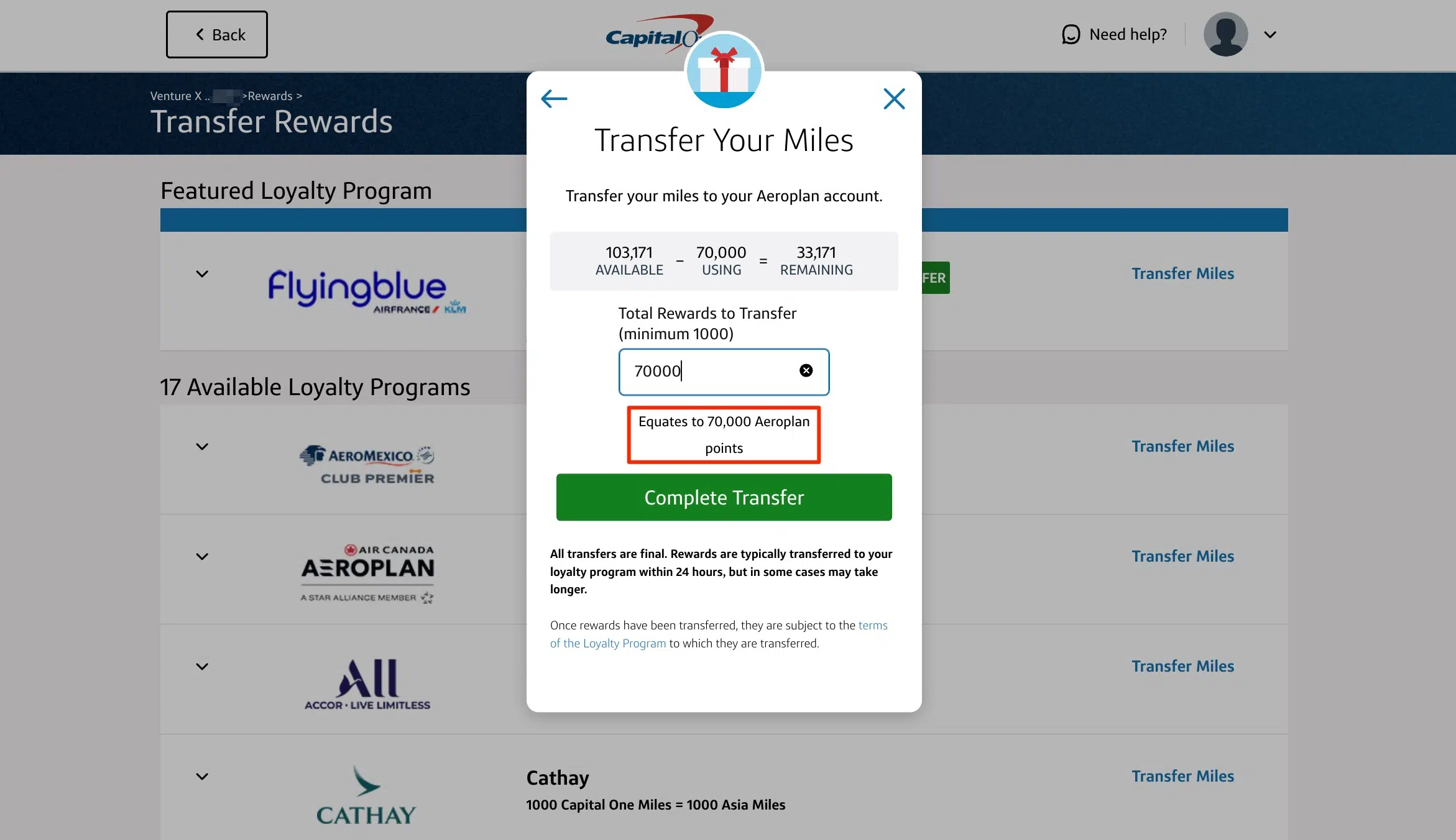 Capital One Air Canada Aeroplan points transfer