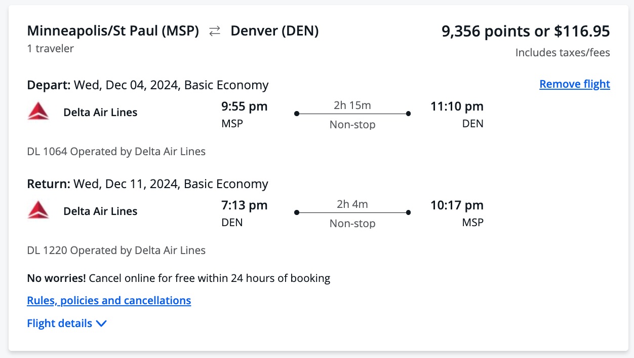 MSP-DEN flight booked through Chase Travel