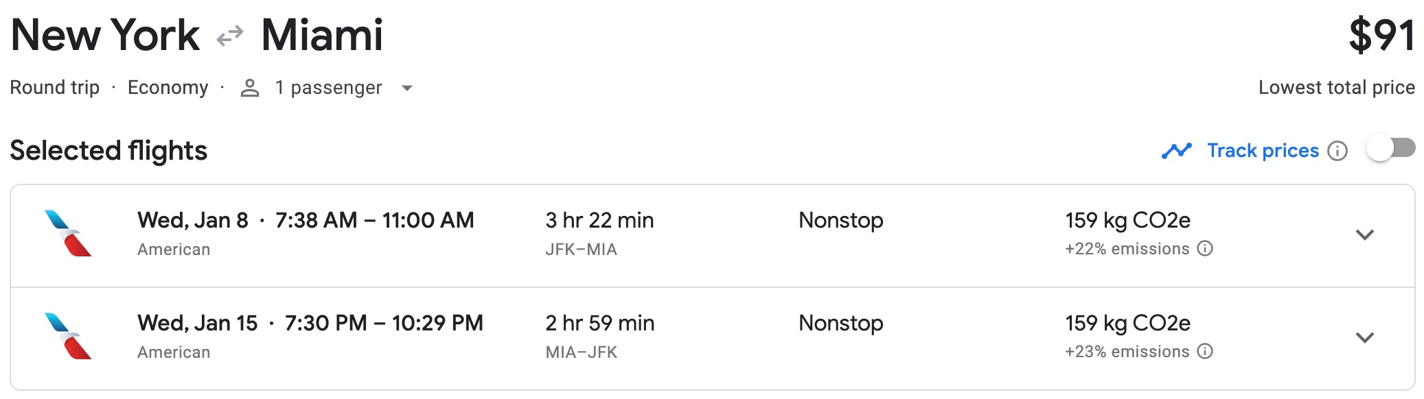 JFK-MIA Google Flights booking