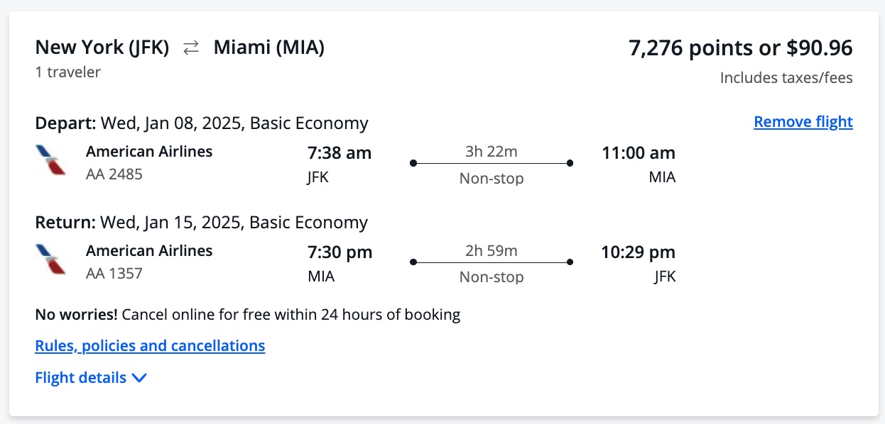 JFK-MIA Chase Travel booking