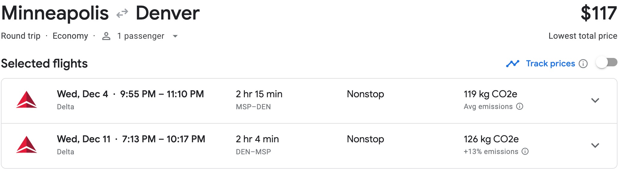 Flight from MSP-DEN on Google Flights