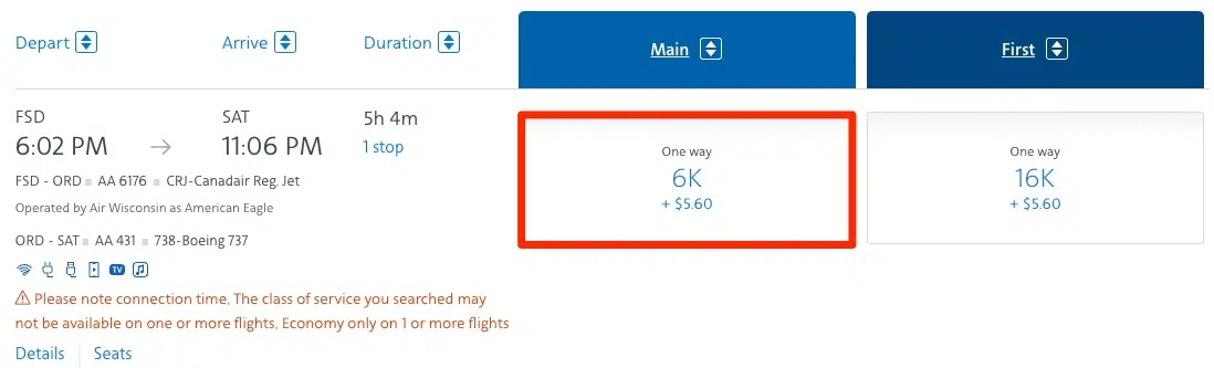 AA 6k award ticket FSD-SAT