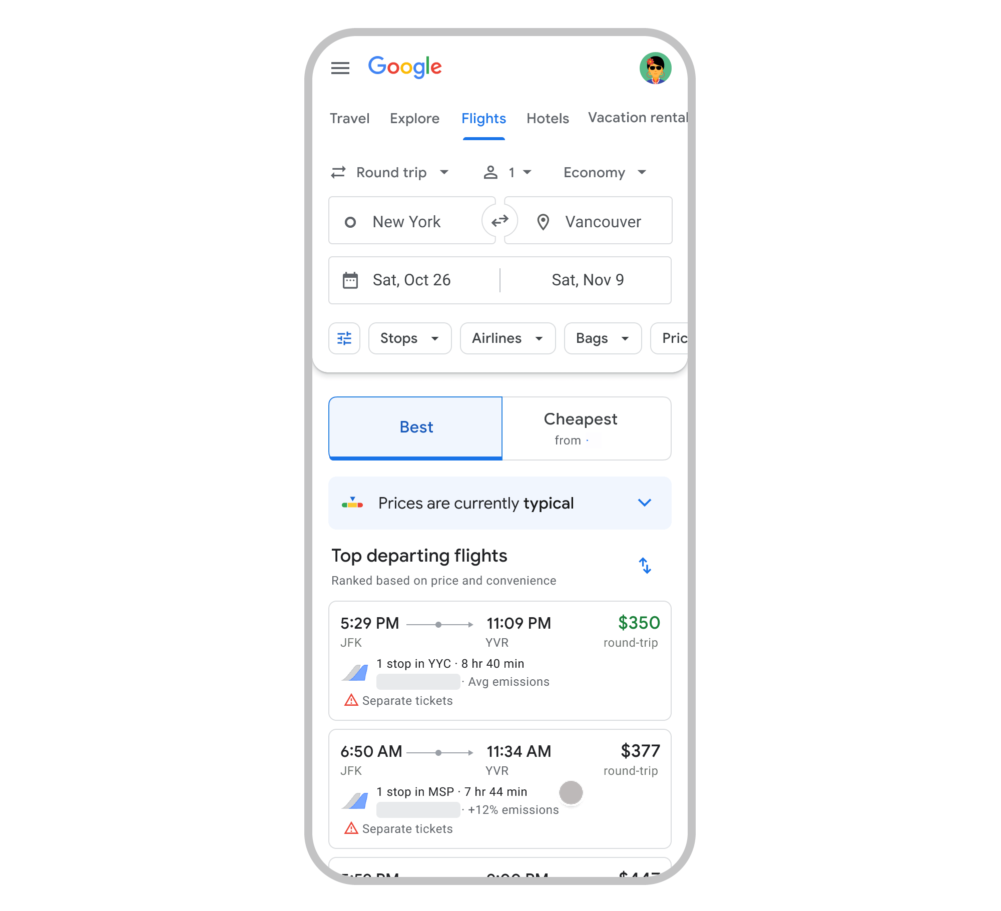Gif showing cheapest tab on Google Flights