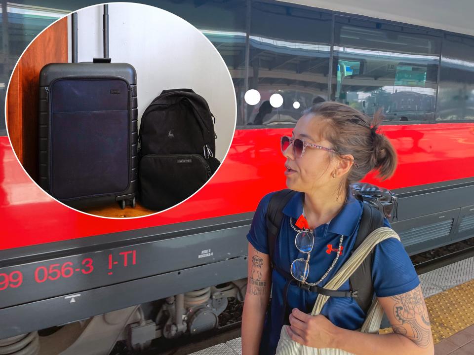 A composite image of the author standing by a train and a circular image of a suitcase and backpack.