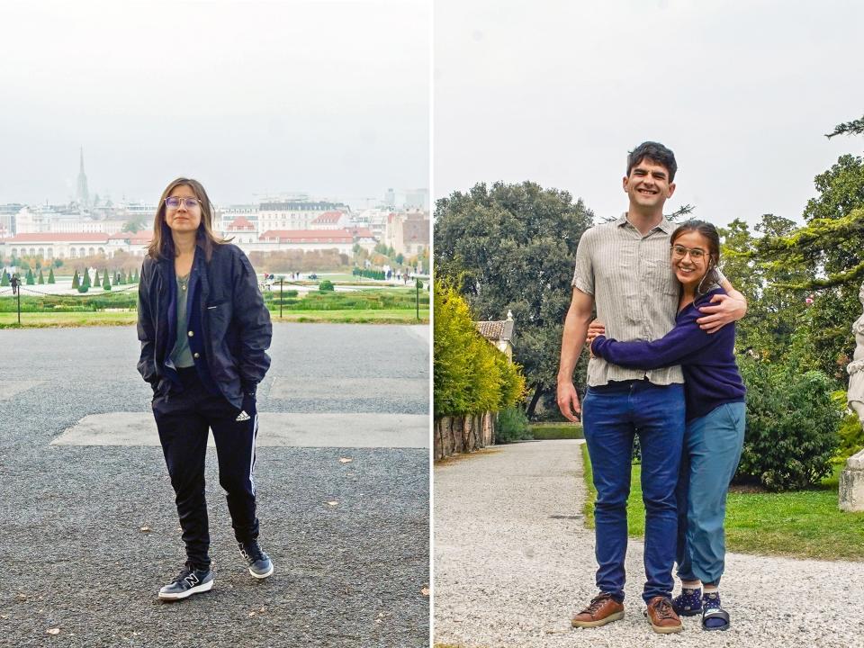 The author alone in Austria (L) and with her partner in Italy (R).