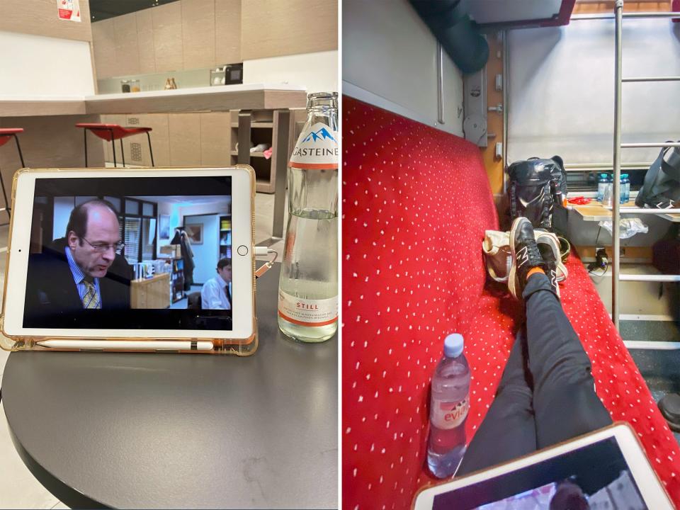 The author uses her iPad in a train station (L) and in a train sleeper car (R) in October 2022.