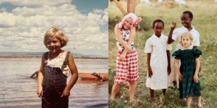 Right: Sally Prag as a child. Left: Sally Prag as a child standing with three other children outdoors.