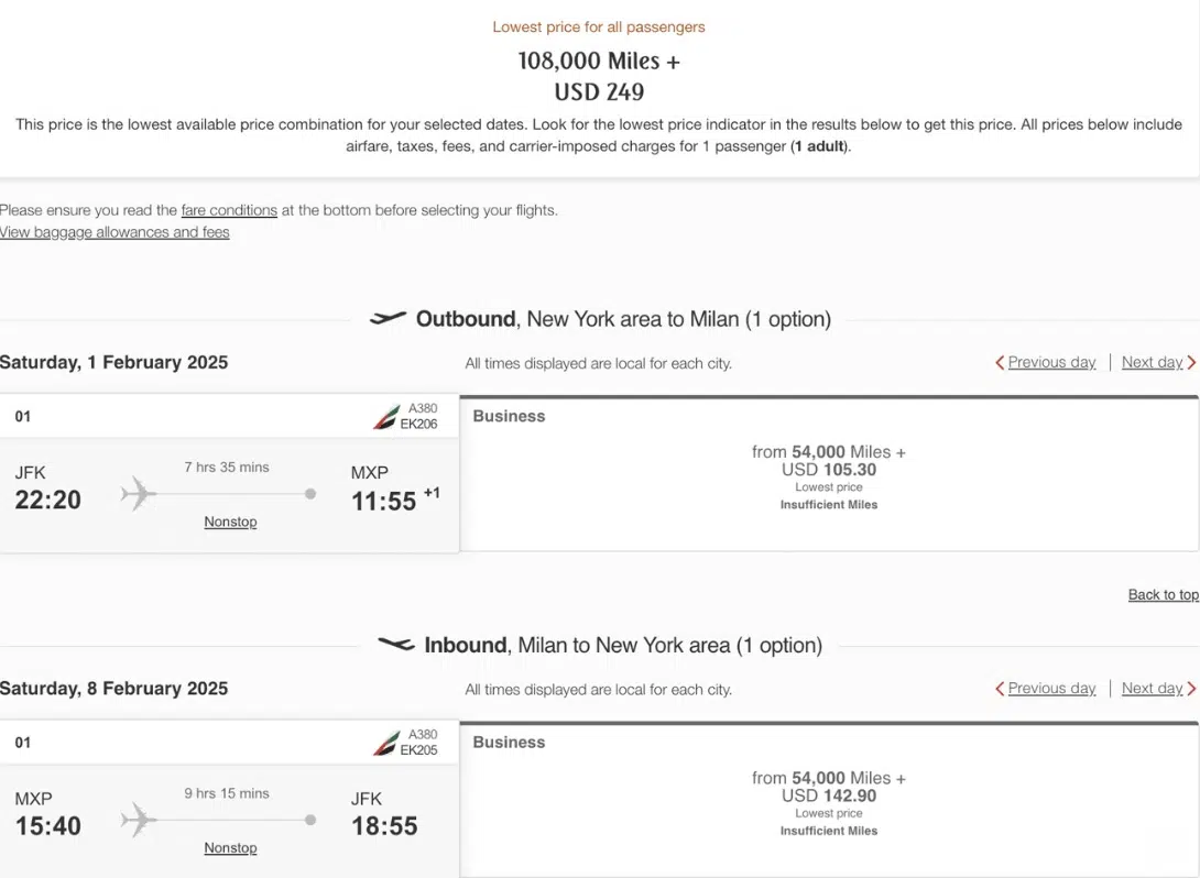 Emirates business class fare