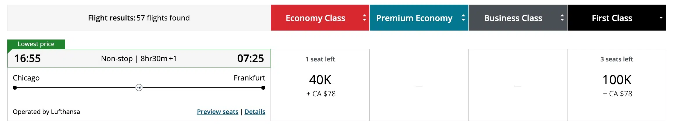 aeroplan screenshot for lufthansa first class