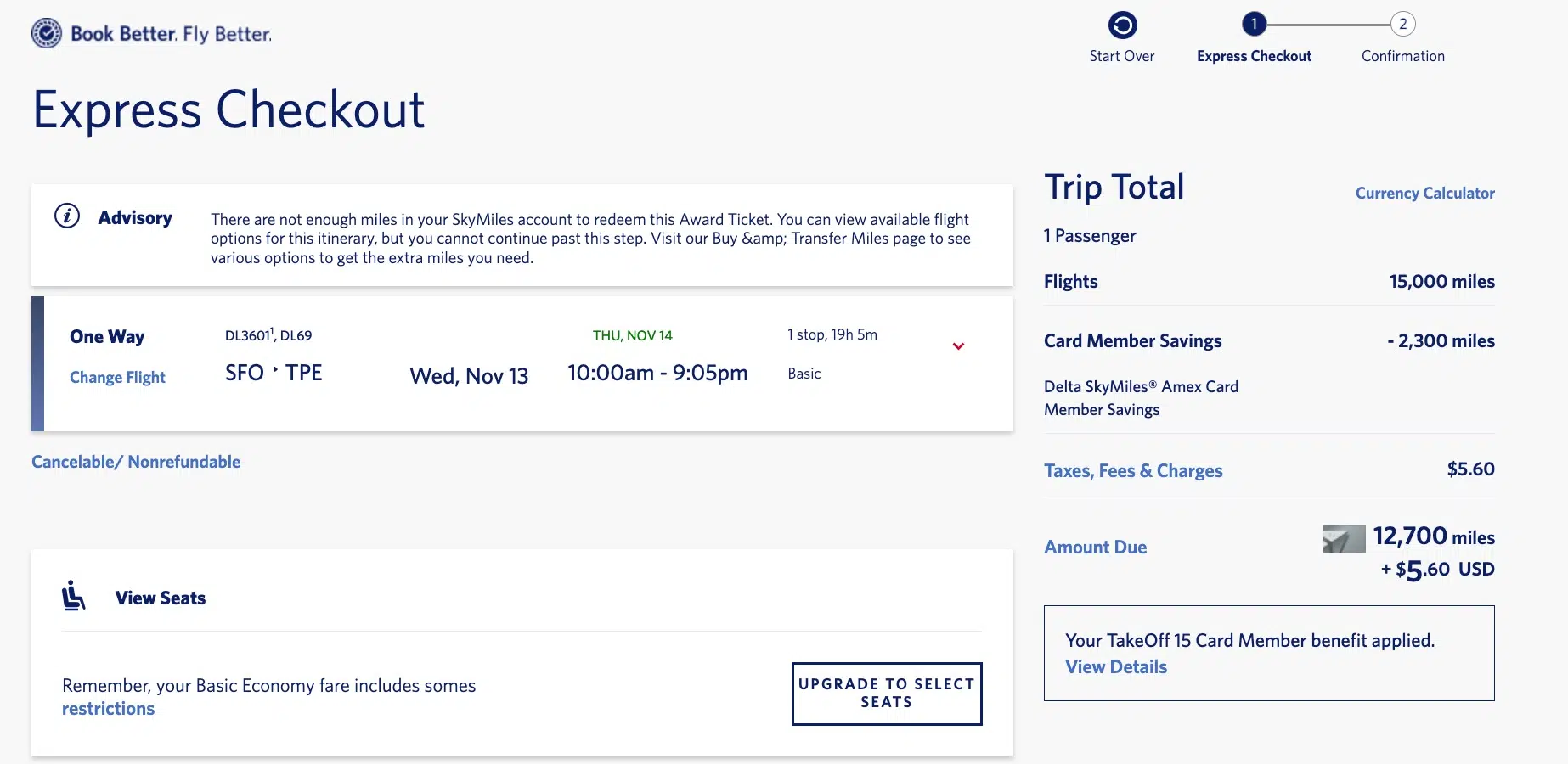 SFO-TPE Delta SkyMiles