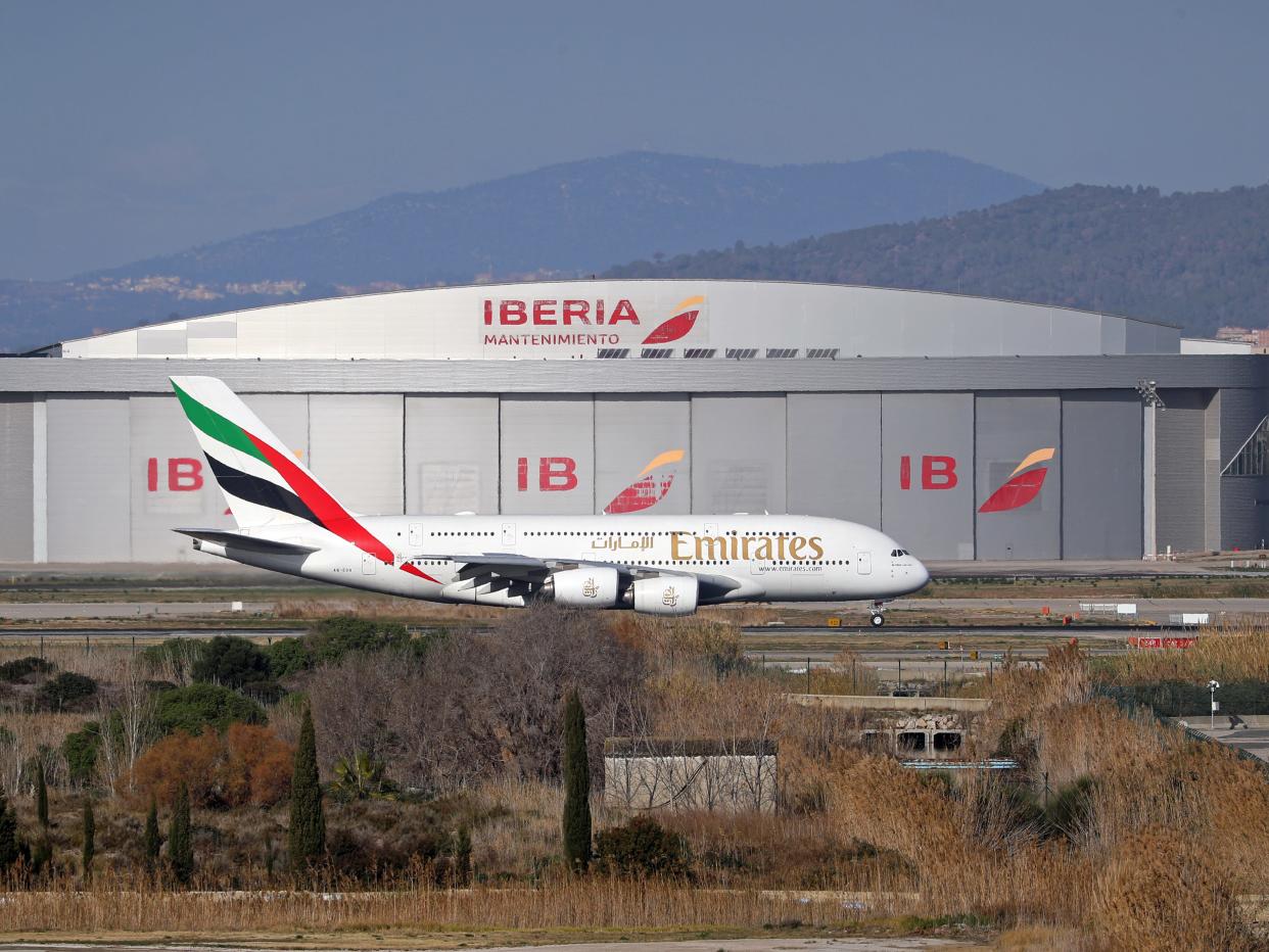 An Airbus A380-861 operated by Emirates lands at Barcelona Airport in Barcelona.